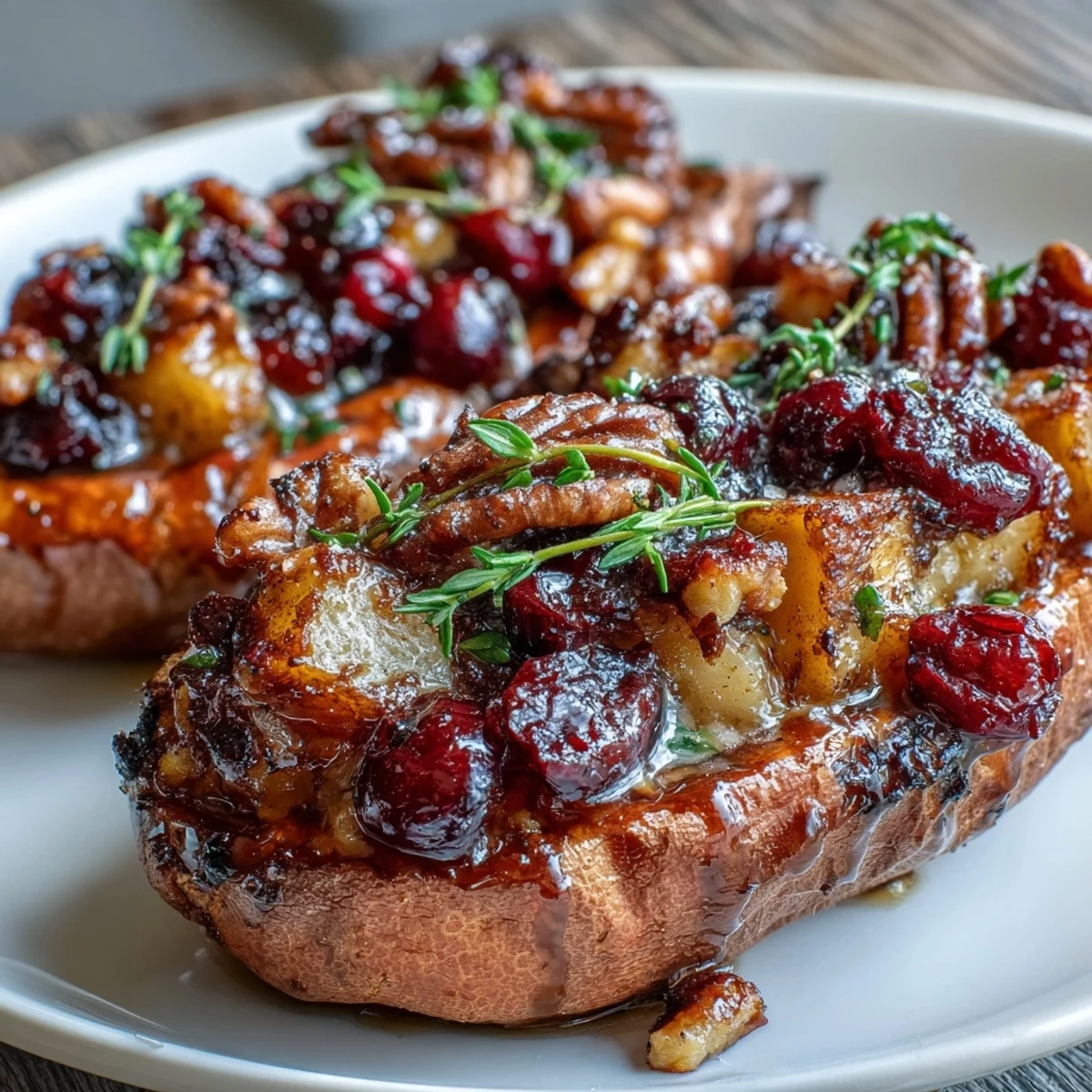 Golden-brown twice baked sweet potatoes with a sweet cranberry apple filling and toasted pecans, served warm.