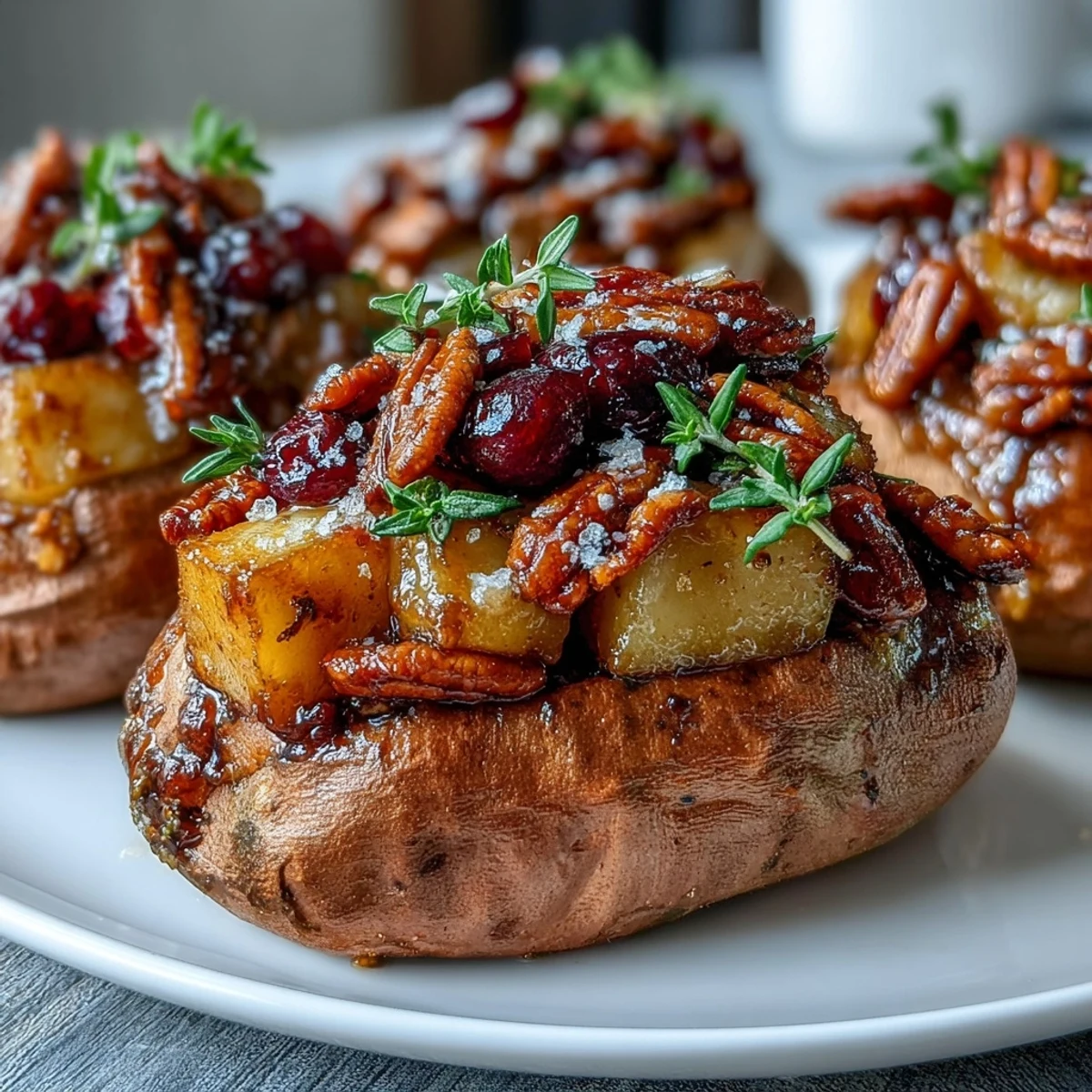 Freshly baked Cranberry Apple Twice Baked Sweet Potatoes drizzled with maple syrup and topped with flaky sea salt.