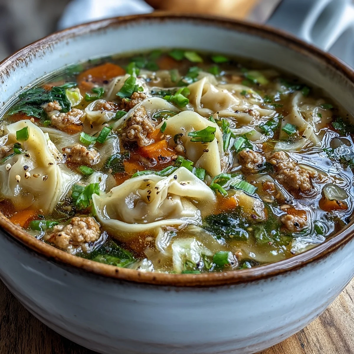 Steamy bowl of Cozy One-Pot Egg Roll Soup garnished with fresh green onions, ready to enjoy.