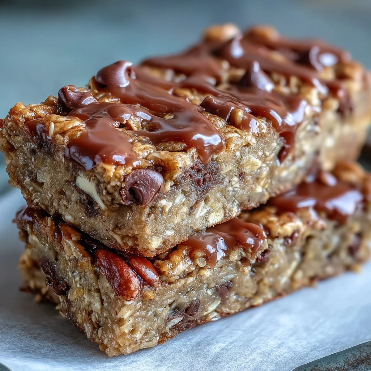 Warm and soft Baked Oatmeal Bars sliced into squares, revealing a chewy interior flecked with ripe banana.
