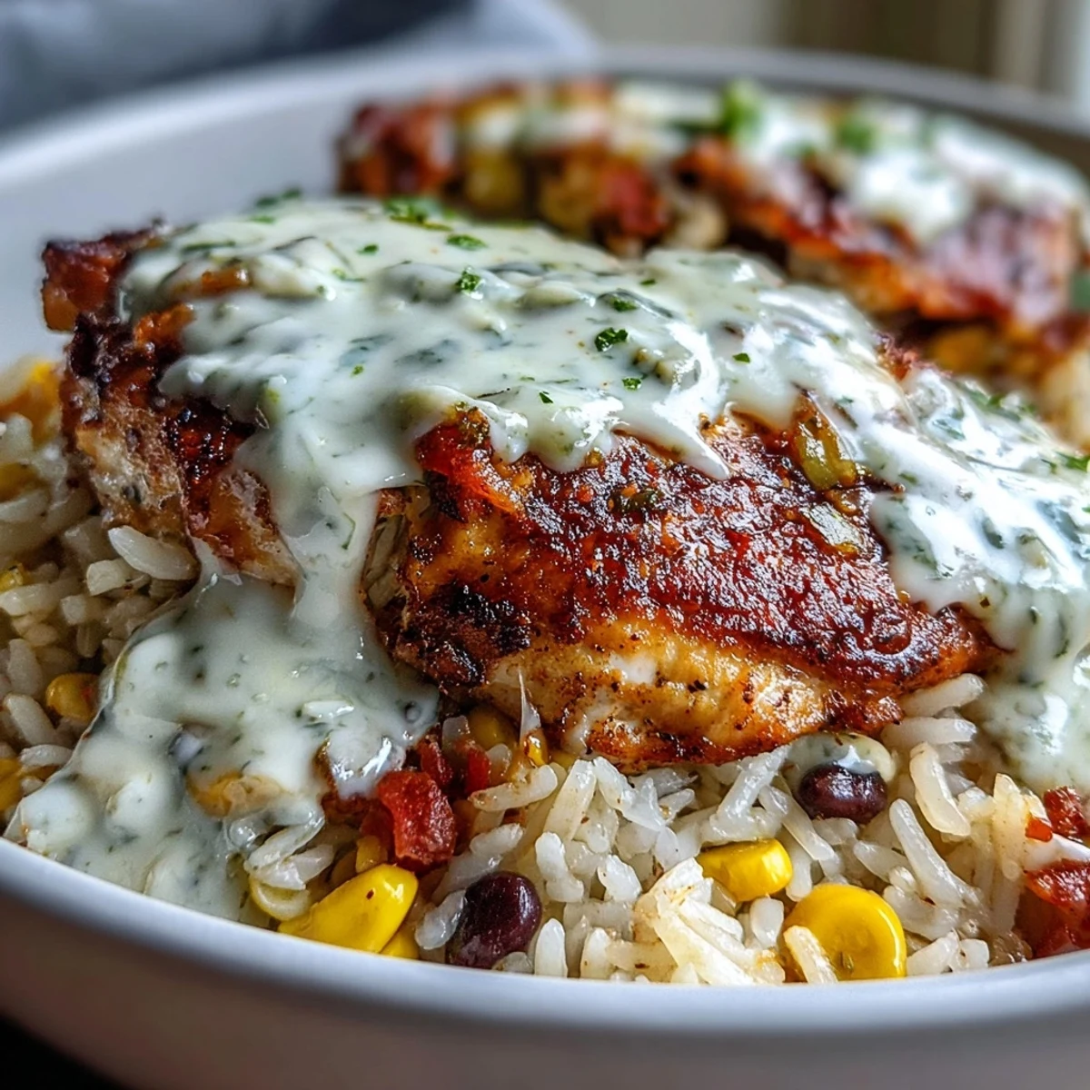 Tender spiced chicken rests on fluffy rice in an oven-safe skillet, topped with gooey melted queso blanco.
