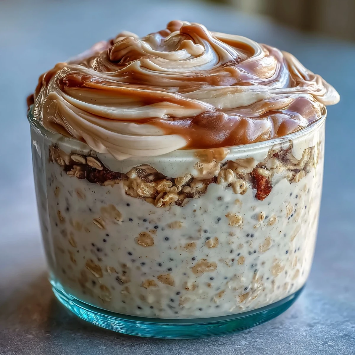 Close-up of creamy High-Protein Cinnamon Roll Overnight Oats in a glass jar, drizzled with cream cheese frosting.