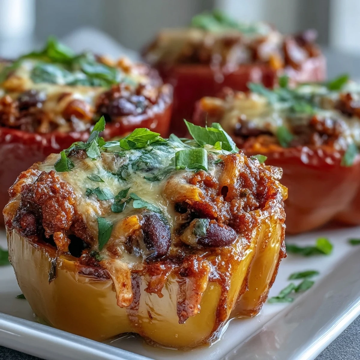 Weeknight-friendly stuffed peppers filled with chili mac, black beans, and ground beef, garnished with green onions for a colorful meal.