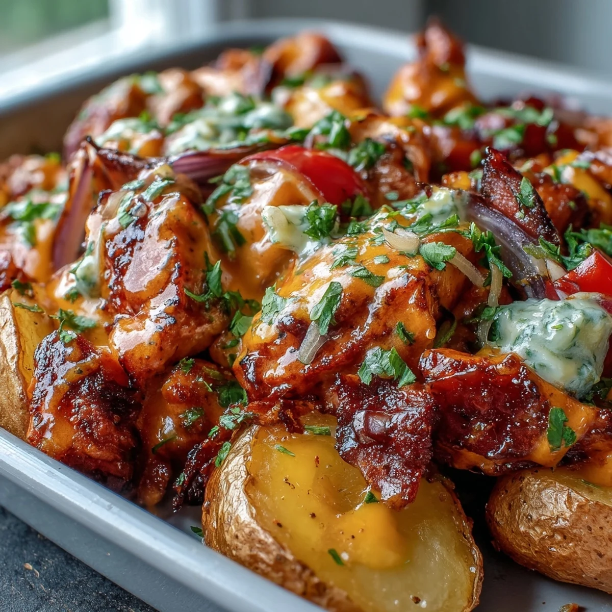 Golden brown Buffalo Ranch Chicken Potato Bake with juicy chicken, tender potatoes, and melted cheddar cheese in a skillet.