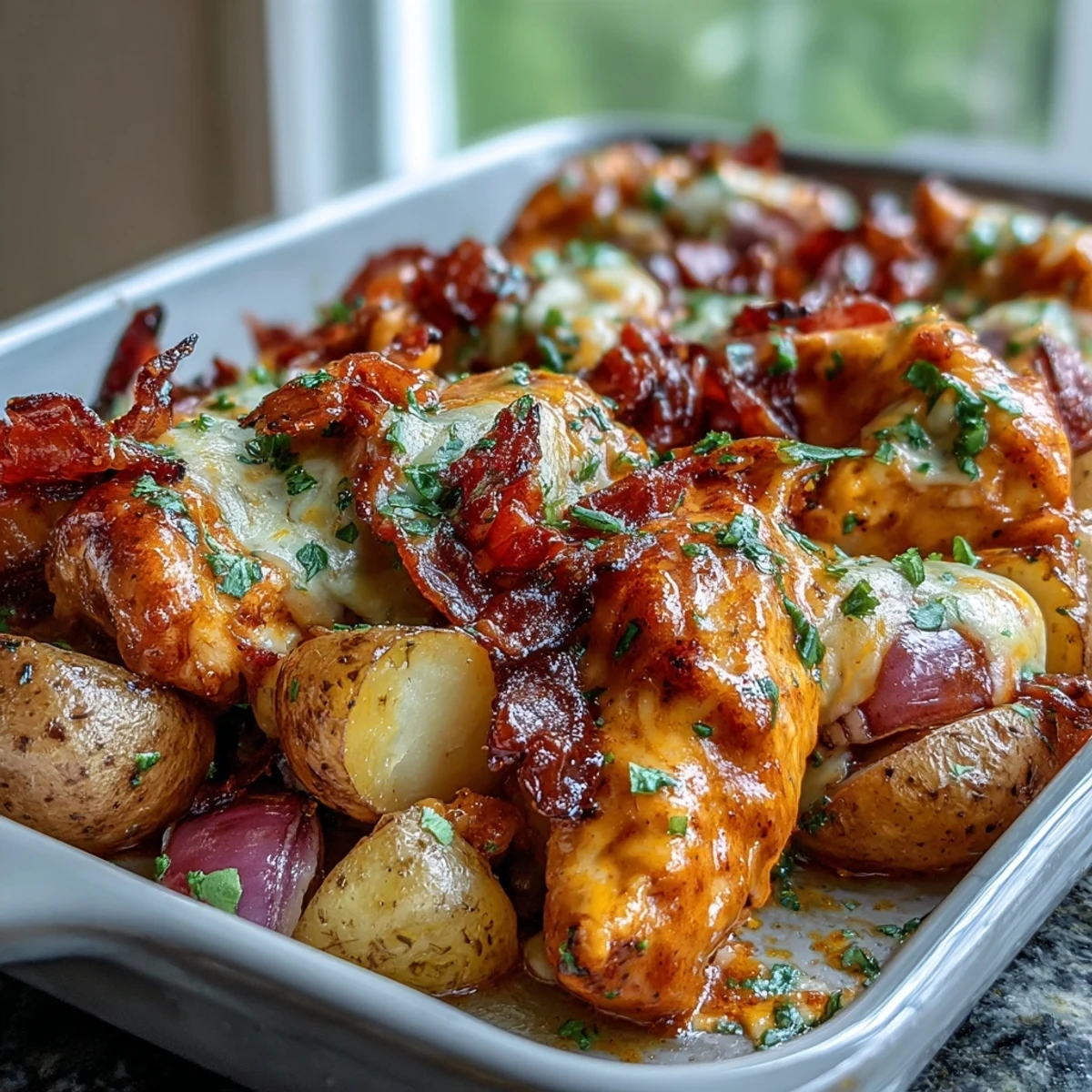 Roasted Buffalo Ranch Chicken Potato Bake with bell peppers and onions, garnished with fresh green chives on top.