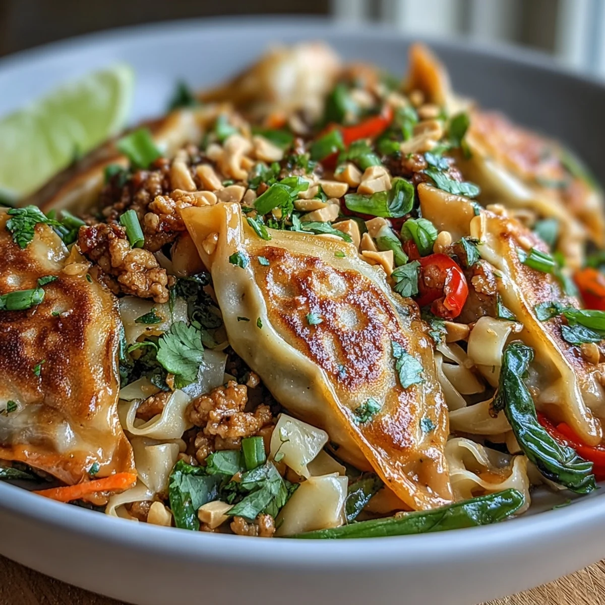 Close-up of Creamy Thai-Inspired Peanut Noodle Bowls featuring ground chicken and crispy noodles in sauce.