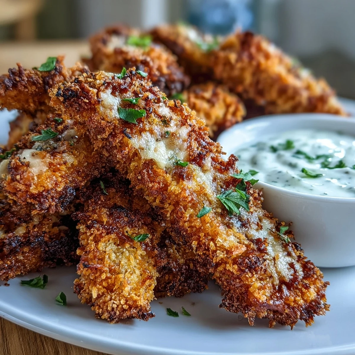 Golden-brown Crispy Baked Chicken Parmesan Fries stacked high, served with zesty marinara and creamy ranch dips.