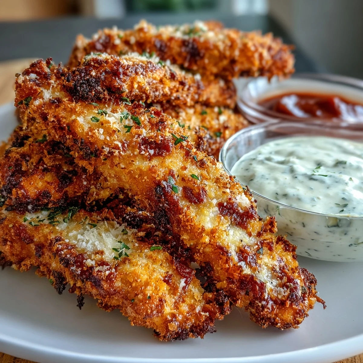 Freshly baked Crispy Baked Chicken Parmesan Fries ready to dip into warm marinara sauce.