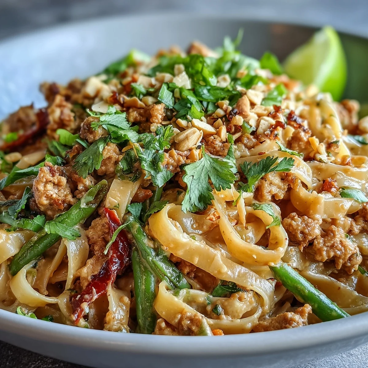 Creamy Thai-Inspired Peanut Noodle Bowls served in a white bowl, garnished with chopped peanuts, cilantro, and lime wedges.