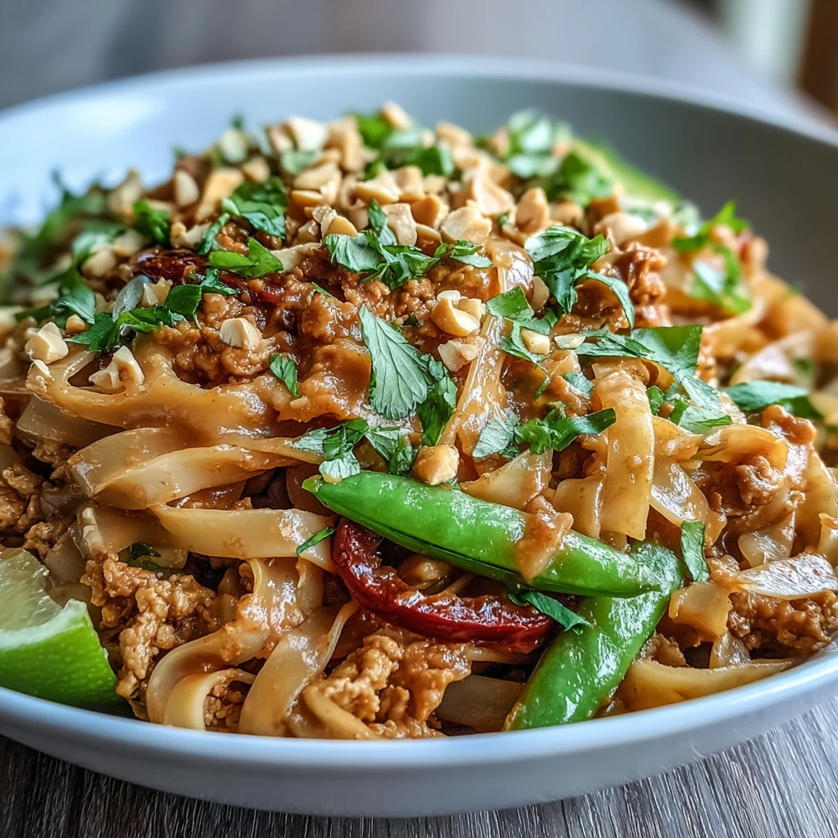 A close-up of Creamy Thai-Inspired Peanut Noodle Bowls with sautéed snap peas, carrots, and a rich peanut sauce coating wide rice noodles.