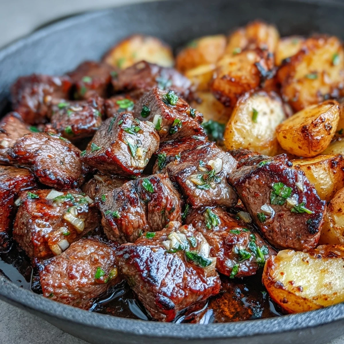 Garlic Butter Steak & Potato Skillet with golden seared steak bites and crispy potatoes tossed in rich garlic butter sauce.