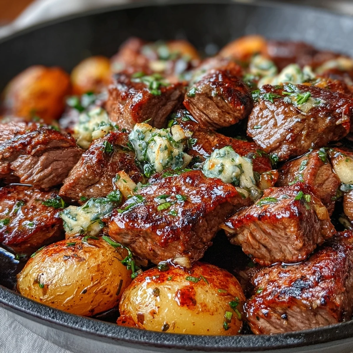 Sizzling steak bites and golden potatoes in Garlic Butter Steak & Potato Skillet served on a warm skillet topped with fresh parsley.