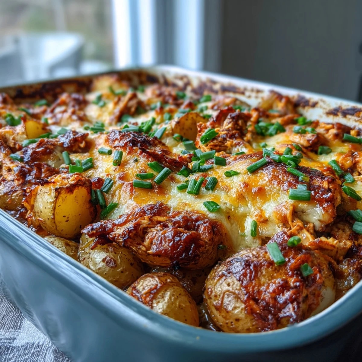 Freshly chopped chives garnish the cheesy, oven-roasted Buffalo Ranch Chicken Potato Bake, served steaming hot in a casserole dish.