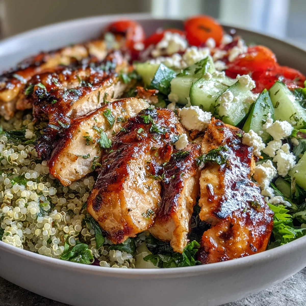 Plated Lemon Herb Grilled Chicken Salad with quinoa and bright cherry tomatoes.