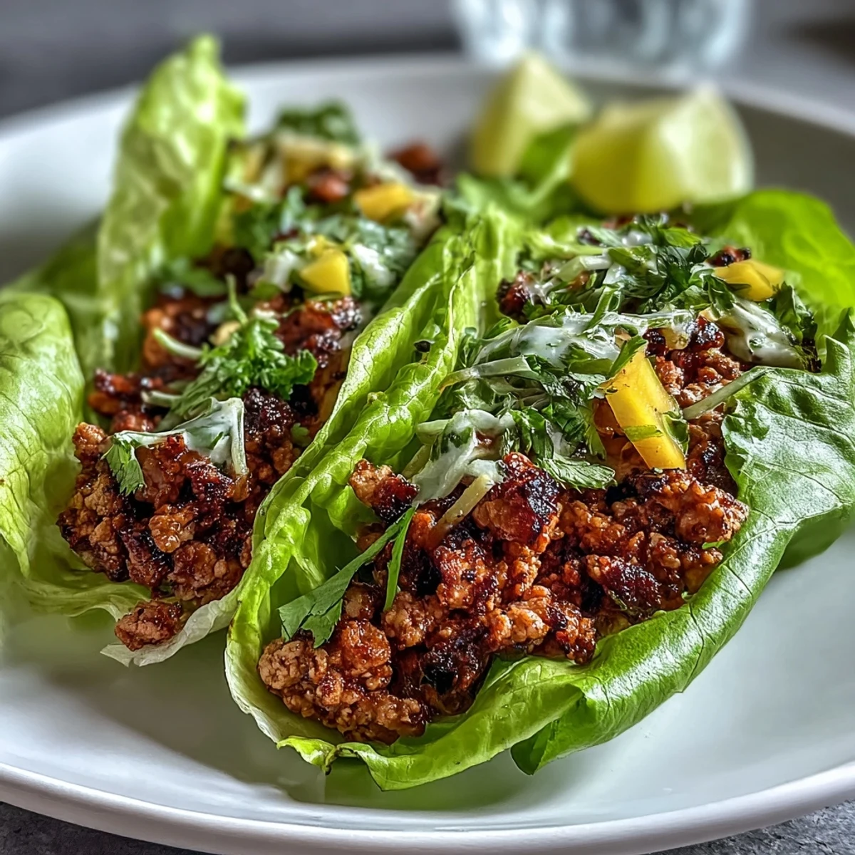 Serve these Skinny Spicy Turkey Lettuce Tacos with Mango Slaw on a platter with lime wedges for a light meal.