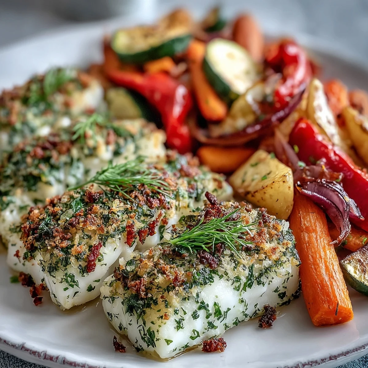 Golden-brown Herb-Crusted Baked Cod with Roasted Vegetables on a rustic platter, garnished with fresh parsley and lemon wedges.