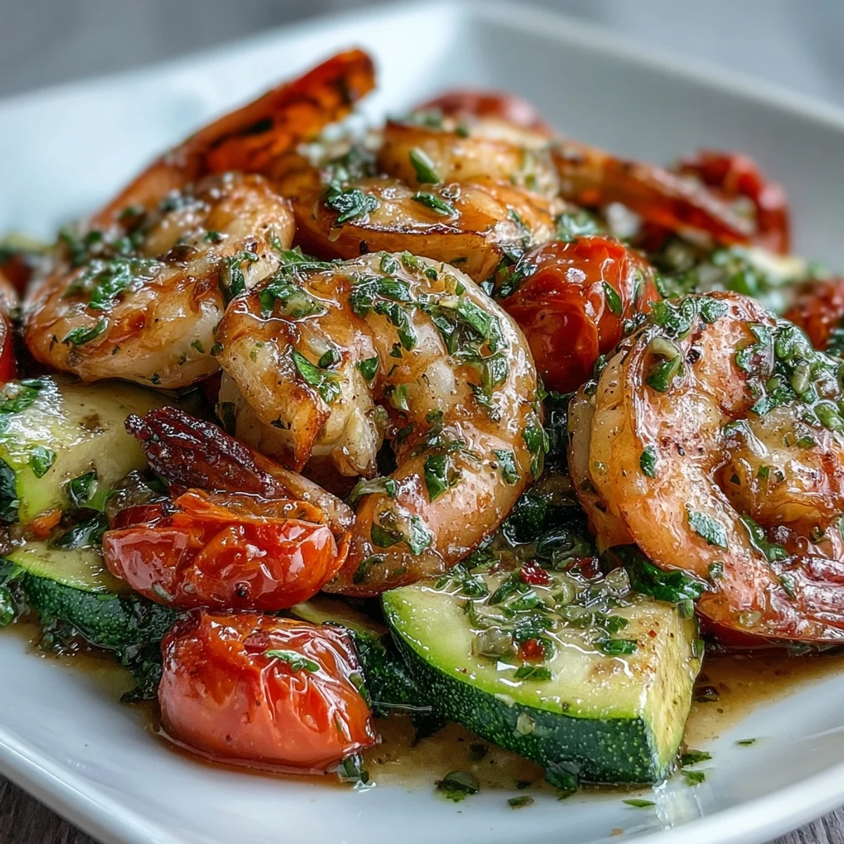 Golden-brown shrimp, tender zucchini, and blistered cherry tomatoes bathed in lemon butter sauce in a skillet.