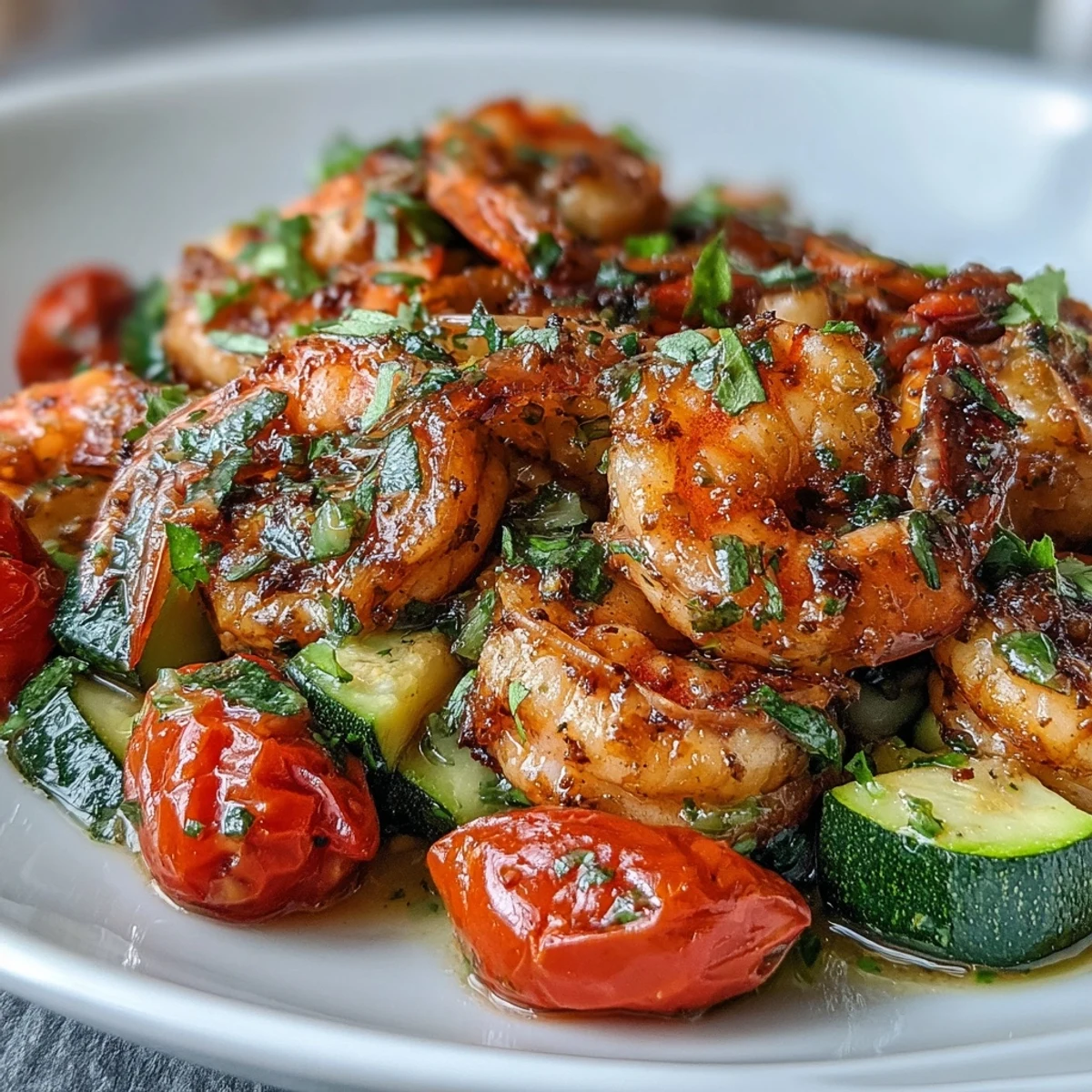 Sizzling One-Pan Lemon Butter Shrimp with Zucchini and Tomatoes garnished with fresh parsley, ready for weeknight dinner.