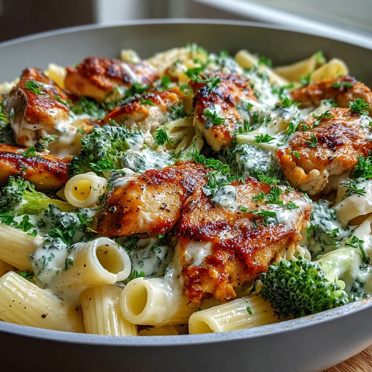 Garlic Parmesan Broccoli & Chicken Pasta served skillet-side with parsley and extra Parmesan on top.
