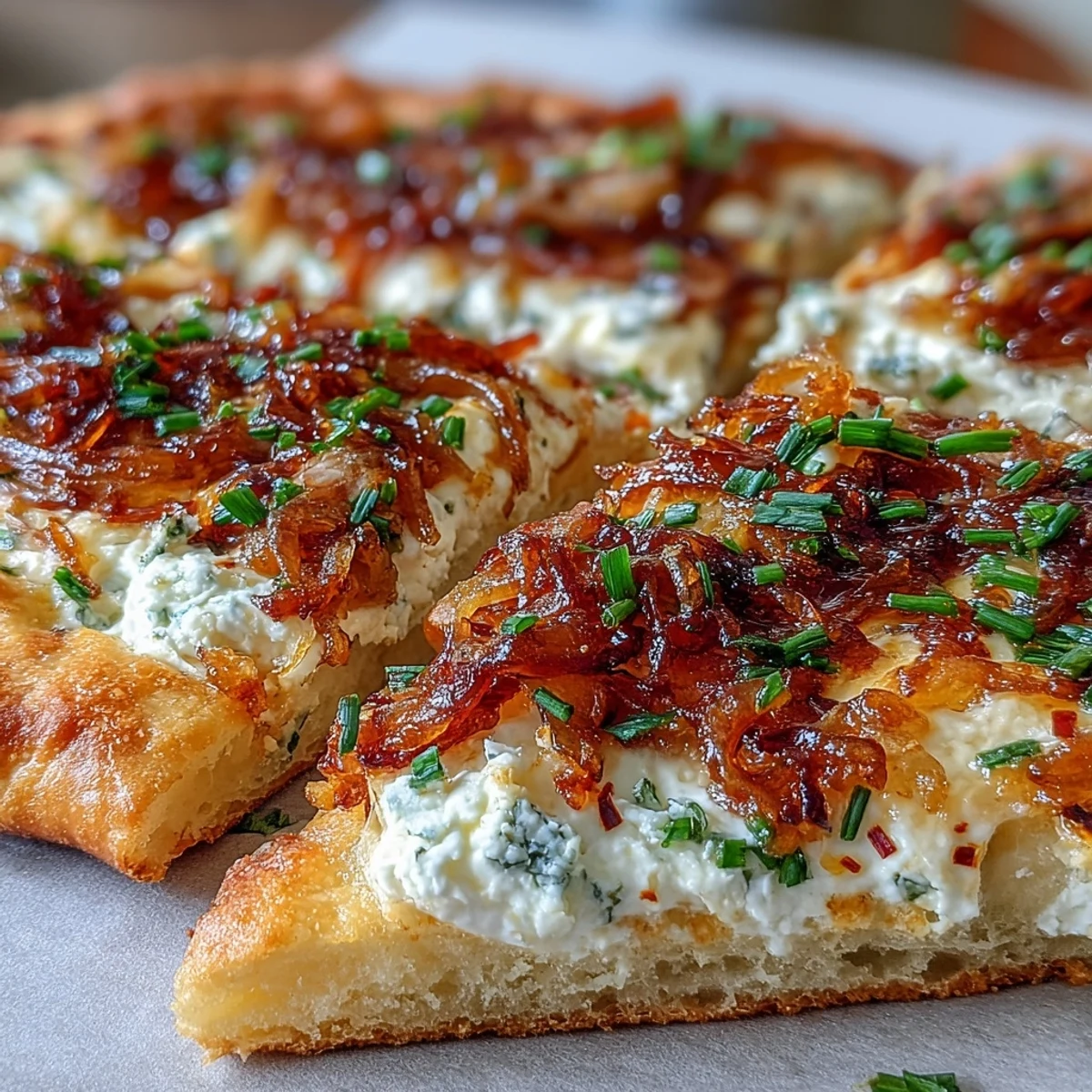 This vegetarian flatbread features creamy goat cheese and sweet caramelized onions, baked until bubbly, sliced into wedges on a marble counter.  