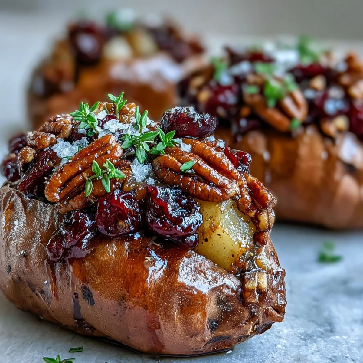Cranberry Apple Twice Baked Sweet Potatoes stuffed with caramelized apples and tart cranberries, garnished with thyme.
