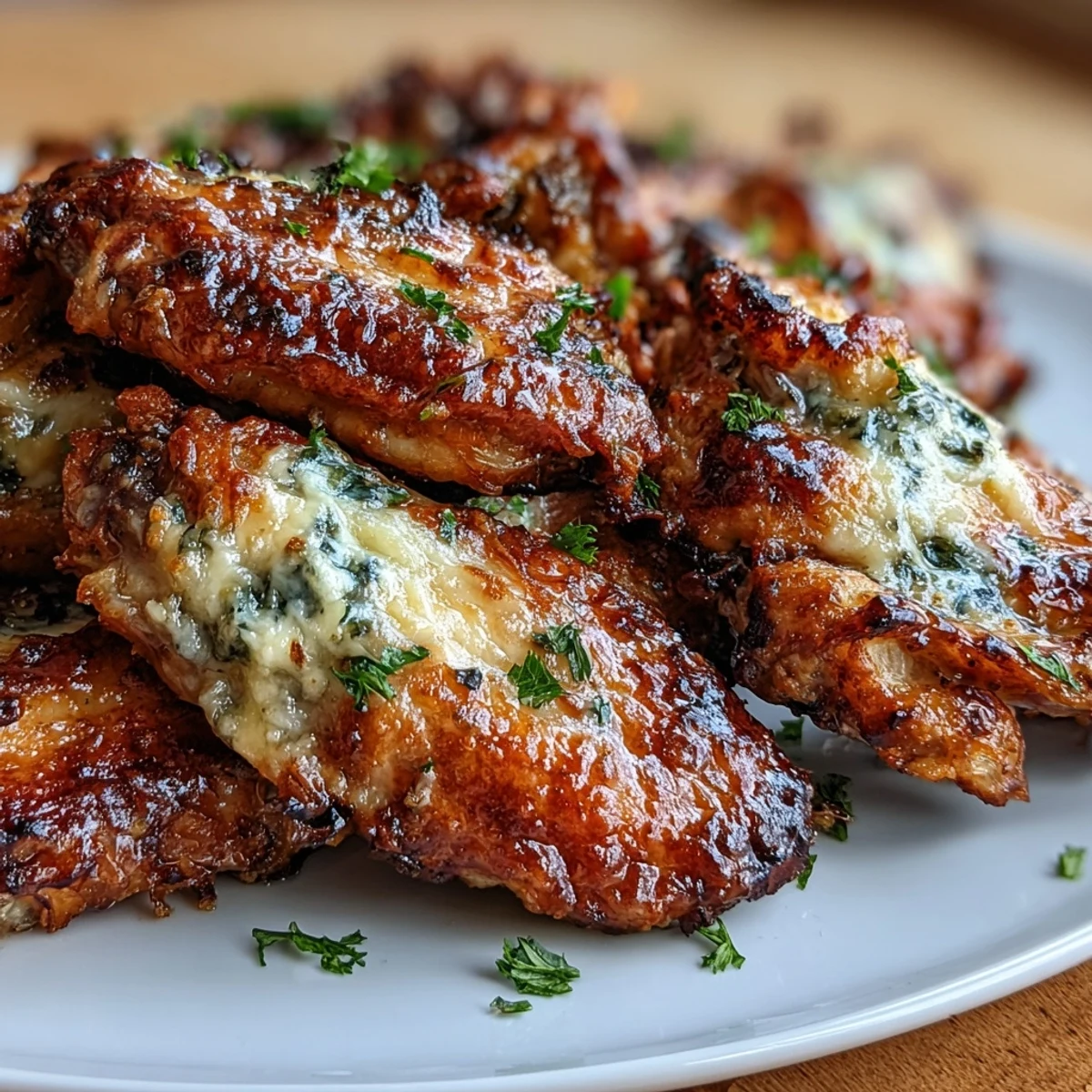 Crispy oven-baked chicken wings tossed in savory garlic butter and Parmesan, perfect for a low-carb main course.  