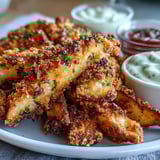 Golden-brown, crispy baked chicken parmesan fries arranged on a platter, ready for dipping into marinara and ranch.