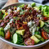 Keto bacon cheeseburger salad with avocado and pickles, topped with crispy bacon, juicy ground beef, and creamy cheddar cheese.