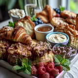 Celebrate Mothers Day with a vibrant brunch board of pastries, fresh fruit, and mimosas in champagne flutes.