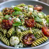Creamy mozzarella, juicy cherry tomatoes, and fresh pesto tossed with pasta in this easy, colorful summer pasta salad.