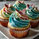 Delicate vanilla cupcakes are adorned with pastel buttercream swirls and whimsical butterfly decorations, perfect for spring festivities.