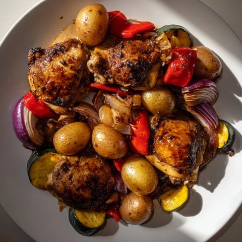Golden roasted Black Garlic and Balsamic Chicken Sheet Pan, showcasing vegetables and glistening chicken thighs, ready to serve.
