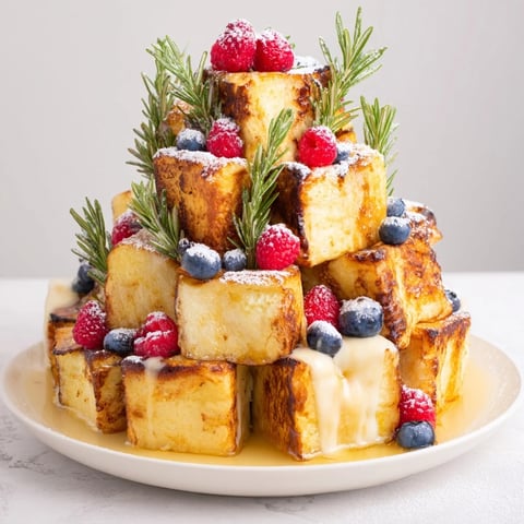 Golden-brown Eggnog French Toast Bites, stacked beautifully as a holiday tree, ready to be enjoyed.