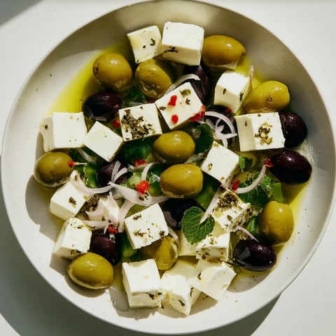 Holiday Mix: Mixed Olives with Feta Cubes, glistening with olive oil and fresh herbs!