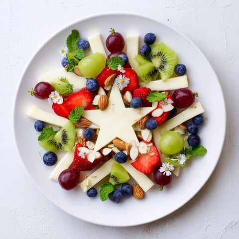 Showcasing a beautiful Negative Space Puzzle platter with vibrant fruits, cheeses, and olives for a party.