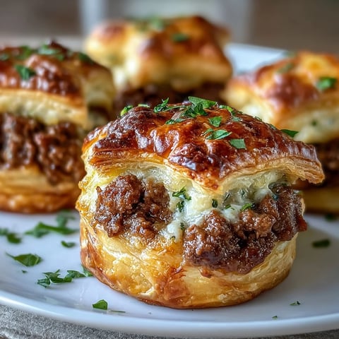 Golden, flaky Mini Beef Tourtières with a savory, spiced ground beef filling are served on a rustic wooden board.