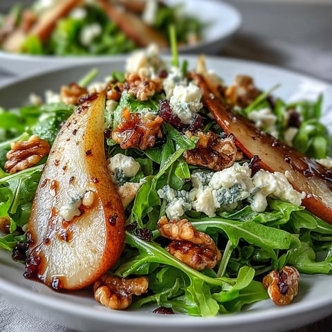 Peppery arugula and sweet pear slices topped with creamy blue cheese and toasted walnuts in the Arugula and Pear Bowl.