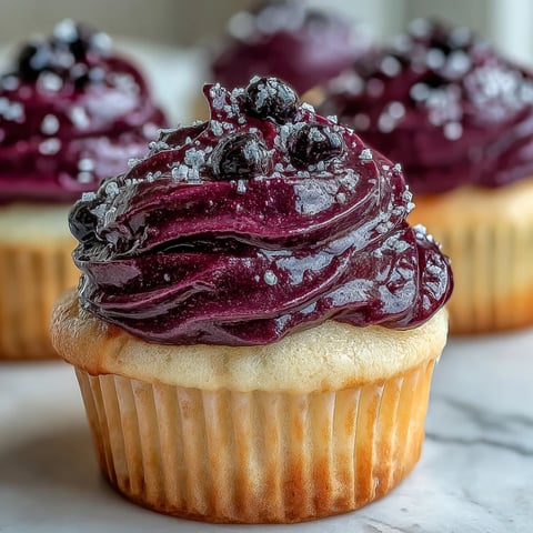 Freshly whipped Black Currant Frosting swirls onto warm cupcakes with a deep purple hue and rich aroma.