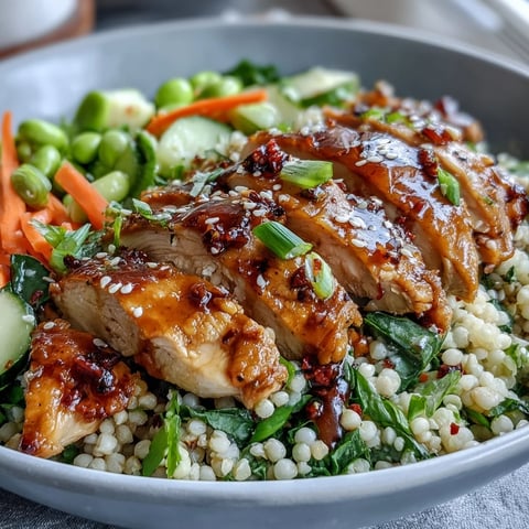 Freshly baked chicken slices and vibrant vegetables sit atop a bed of fluffy couscous tossed in a glossy sesame ginger dressing in these Sesame Ginger Chicken Couscous Bowls.