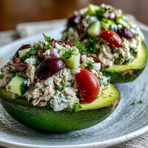 Golden halves of ripe avocado are generously stuffed with a zesty Mediterranean tuna salad featuring chickpeas and fresh herbs.