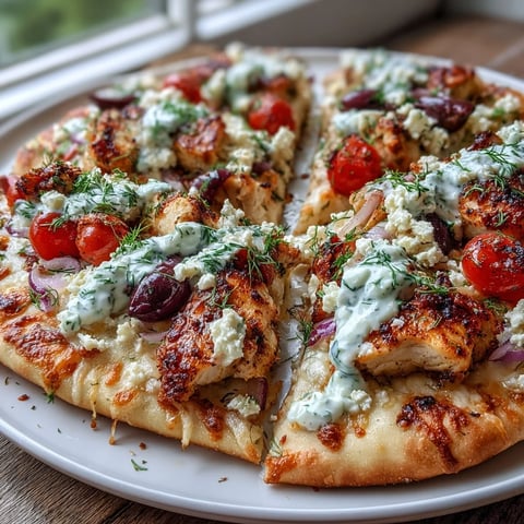 Golden, crispy naan crust topped with lemon-marinated chicken, crumbled feta, Kalamata olives, and cherry tomatoes, drizzled with creamy tzatziki sauce.