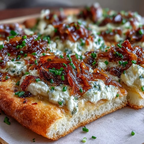 A close-up of a golden goat cheese and caramelized onion flatbread, drizzled with honey and chili flakes, served on a rustic wooden board.  