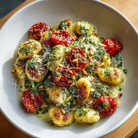 Golden Creamy Roasted Tomato &amp; Pesto Gnocchi Skillet; easy, delicious weeknight dinner idea.