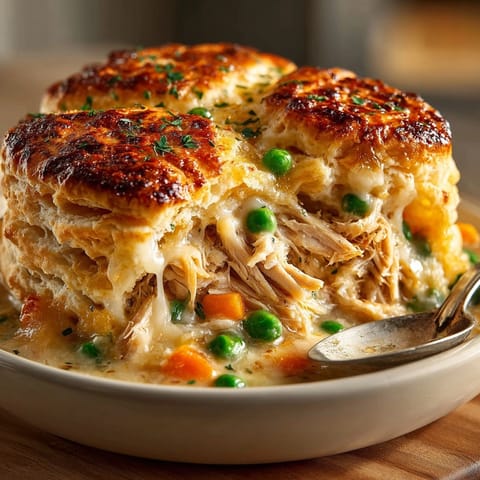 Creamy Cheddar & Chicken Pot Pie: comforting family dinner with cheesy biscuit topping.