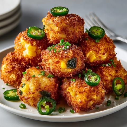 Hot, savory Cheddar & Jalapeño Corn Fritter Bites perfect as a game day appetizer.