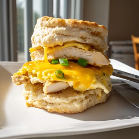 Spicy Cajun Chicken Breakfast Biscuits stack: hearty Southern flavors, perfect morning comfort food.