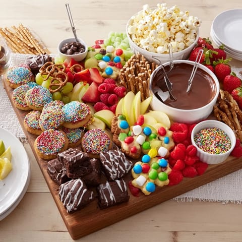 Colorful dessert board featuring festive treats and chocolate-dipped pretzels for sharing.  