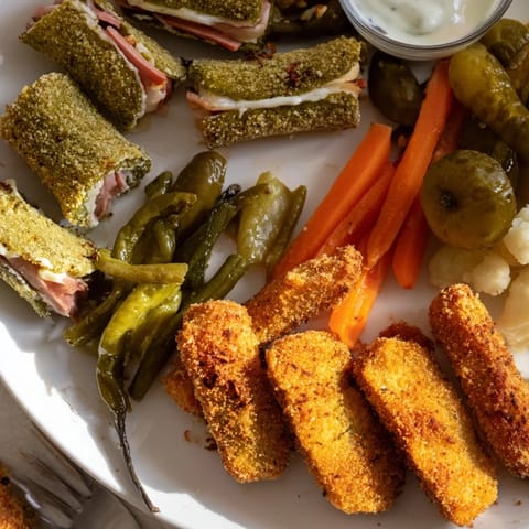 A vibrant platter showcasing fried pickles and assorted pickled vegetables for indulgence.  