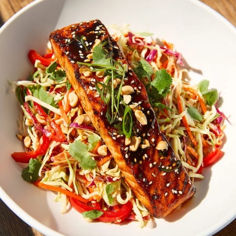 This teriyaki salmon bowl features glistening salmon fillets over vibrant slaw with savory dressing.