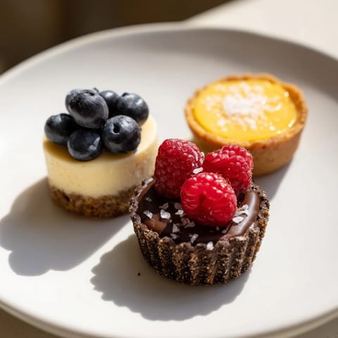 Vibrant arrangement showing the Mini Dessert Bites Trio: cheesecakes, chocolate, and bright lemon tarts.